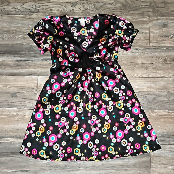 Lauren U. Geometric print satin silky dress 70s inspired multicolored y2k retro - Picture 1 of 6